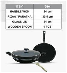 KLASSIC NonStick Wok Short Handle 24cm with Lid + Pizza / Paratha Pan Mini Cookware Kitchen Set