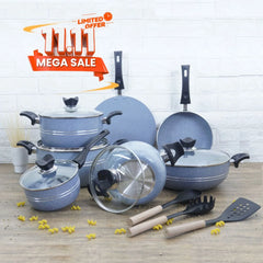 KLASSIC Vario Marble Coated Cookware Gift Set Gray Color - 15 Pieces Kitchenware Set with Glass Lid