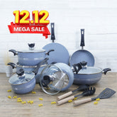 KLASSIC Vario Marble Coated Cookware Gift Set Gray Color - 15 Pieces Kitchenware Set with Glass Lid