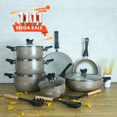 KLASSIC Vario Marble Coated Cookware Gift Set Beige Color - 15 Pieces Kitchenware Set with Glass Lid