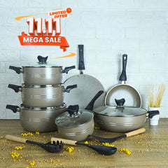 KLASSIC Vario Marble Coated Cookware Gift Set Beige Color - 15 Pieces Kitchenware Set with Glass Lid