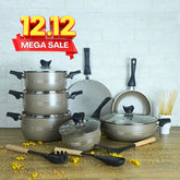 KLASSIC Vario Marble Coated Cookware Gift Set Beige Color - 15 Pieces Kitchenware Set with Glass Lid