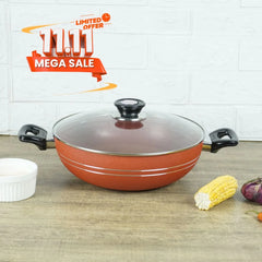 KLASSIC NonStick Round Karahi/Wok With Glass Lid Red