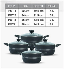 Klassic Best Non Stick Casserole/ Cooking Pots handi 8 Pieces set ( 22,24,26,28)cm