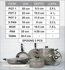 Culinary set with pots, pans, and wok on a white background, accompanied by a table of measurements.