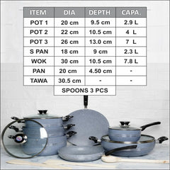 Set of gray cookware with specifications displayed above on a white background