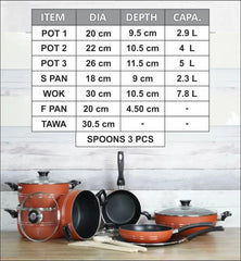 Non Stick cookware set with dimensions and capacities displayed on a white background