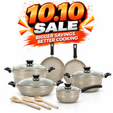 KLASSIC Vario Marble Coated Cookware Gift Set Beige Color - 15 Pieces Kitchenware Set with Glass Lid