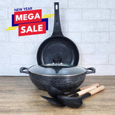 KLASSIC Die Cast Marble Coated Mini Cookware Set | Wok/karahi 24cm with Lid + Frying Pan Mini Cookware Kitchen Set