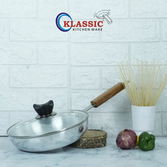 KLASSIC Round Frying Pan Metal Finish Fix Strong Wooden Handle with Lid - Klassic kitchenware Pk