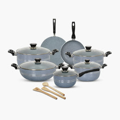 KLASSIC Vario Marble Coated Cookware Gift Set Gray Color - 15 Pieces Kitchenware Set with Glass Lid - Klassic kitchenware Pk