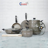KLASSIC Vario Marble Coated Cookware Gift Set Beige Color - 15 Pieces Kitchenware Set with Glass Lid - Klassic kitchenware Pk
