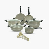 KLASSIC Vario Marble Coated Cookware Gift Set Beige Color - 15 Pieces Kitchenware Set with Glass Lid - Klassic kitchenware Pk