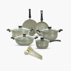 KLASSIC Vario Marble Coated Cookware Gift Set Beige Color - 15 Pieces Kitchenware Set with Glass Lid - Klassic kitchenware Pk