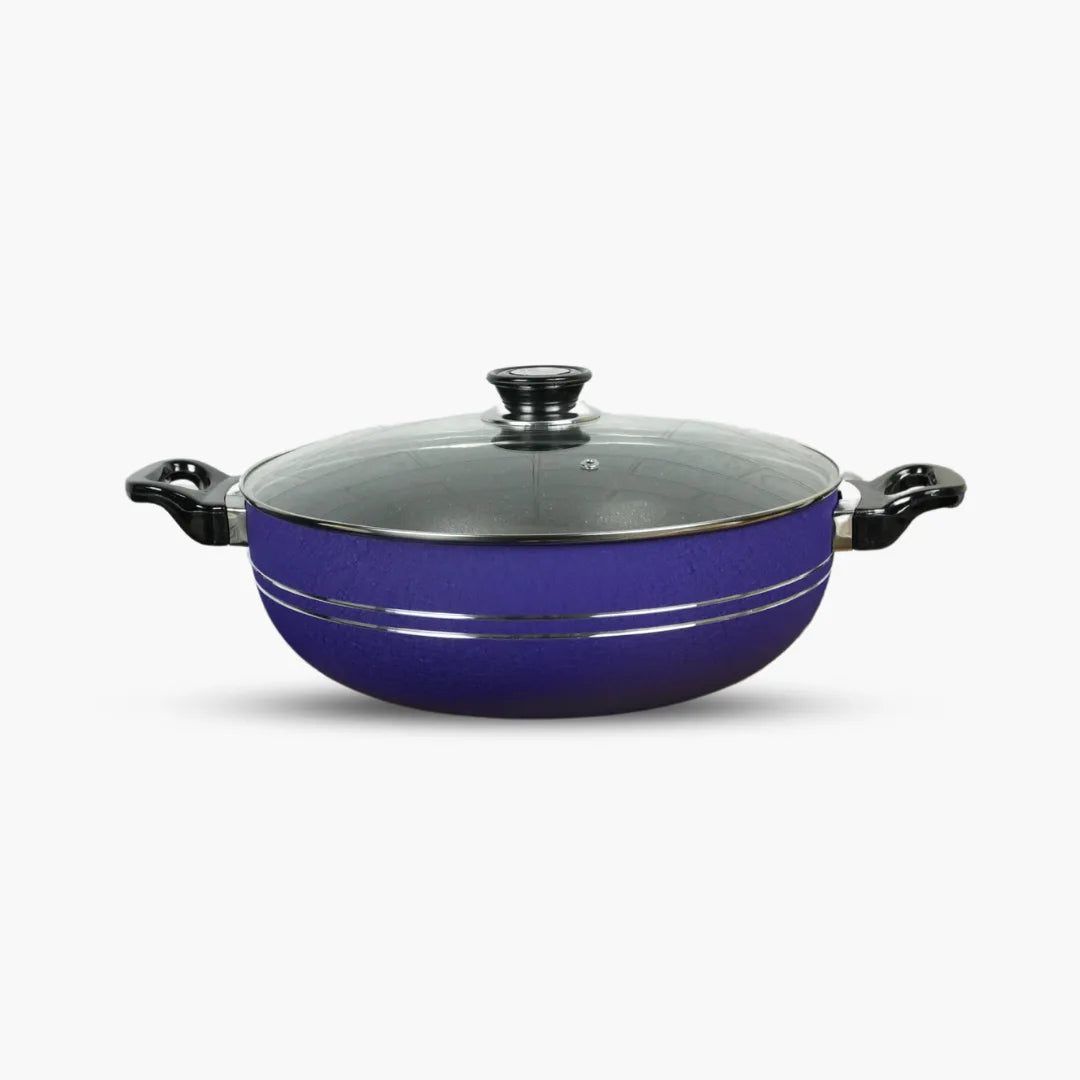KLASSIC Non-Stick Round Karahi/Wok With Glass Lid Blue - Klassic kitchenware Pk