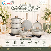 KLASSIC Marble Coated Cookware Gift Set Off White Color - 15 Pieces Kitchenware Set with Glass Lid