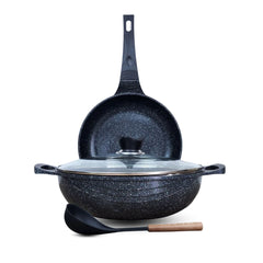 KLASSIC Die Cast Marble Coated Mini Cookware Set | Wok/karahi 24cm with Lid + Frying Pan Mini Cookware Kitchen Set