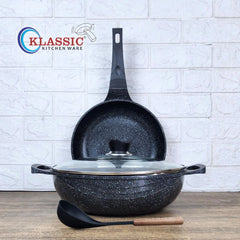 KLASSIC Die Cast Marble Coated Mini Cookware Set | Wok/karahi 24cm with Lid + Frying Pan Mini Cookware Kitchen Set