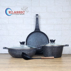 KLASSIC Die Cast Marble Coated Cookware Set 6 Pieces | Wok + Pizza Pan + Cooking Pot and Spoon| Mini Cookware Kitchen Set