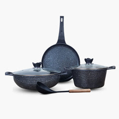 KLASSIC Die Cast Marble Coated Cookware Set 6 Pieces | Wok + Pizza Pan + Cooking Pot and Spoon| Mini Cookware Kitchen Set
