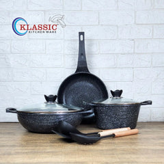 KLASSIC Die Cast Marble Coated Cookware Set | Combo Offer | Frying Pan - Wok and Pot 8 Pieces Set
