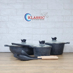 KLASSIC 9 Pieces Induction Base Die Cast Marble Coated Cookware Pan and Pot Set - Large Size Pots and Pan