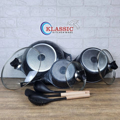 KLASSIC 9 Pieces Induction Base Die Cast Marble Coated Cookware Pan and Pot Set - Large Size Pots and Pan