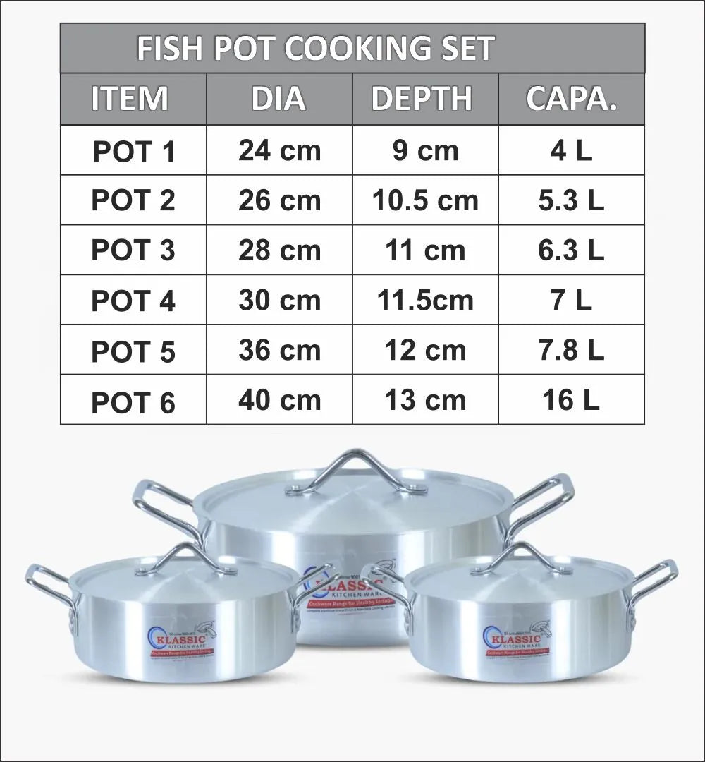 Fish pot cooking set with dimensions and capacities displayed on a white background