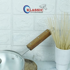 KLASSIC Round Frying Pan Metal Finish Fix Strong Wooden Handle with Lid - Klassic kitchenware Pk