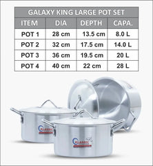 Set of four stainless steel pots with lids and specifications table on a white background