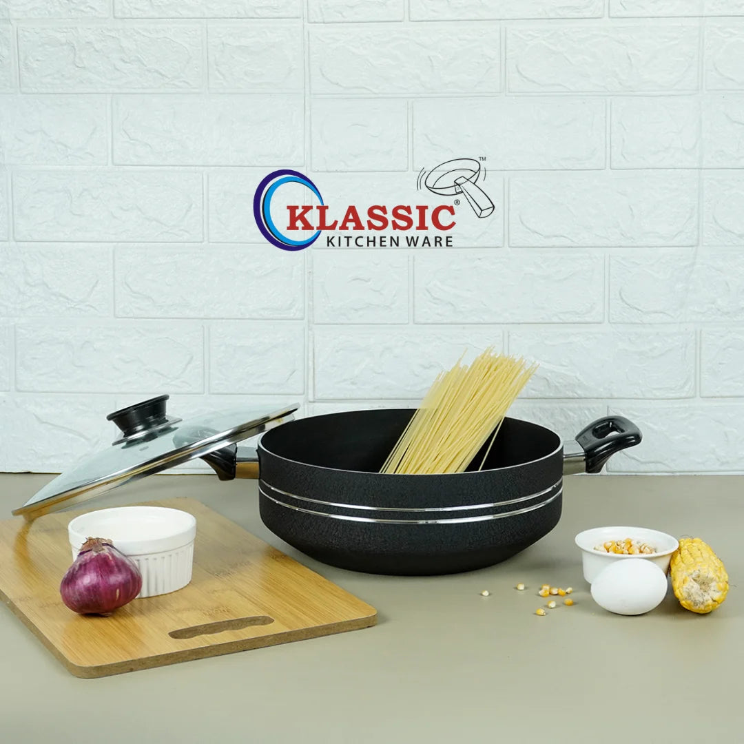 KLASSIC Non Stick Flat Karahi/Wok With Glass Lid Black - Klassic kitchenware Pk
