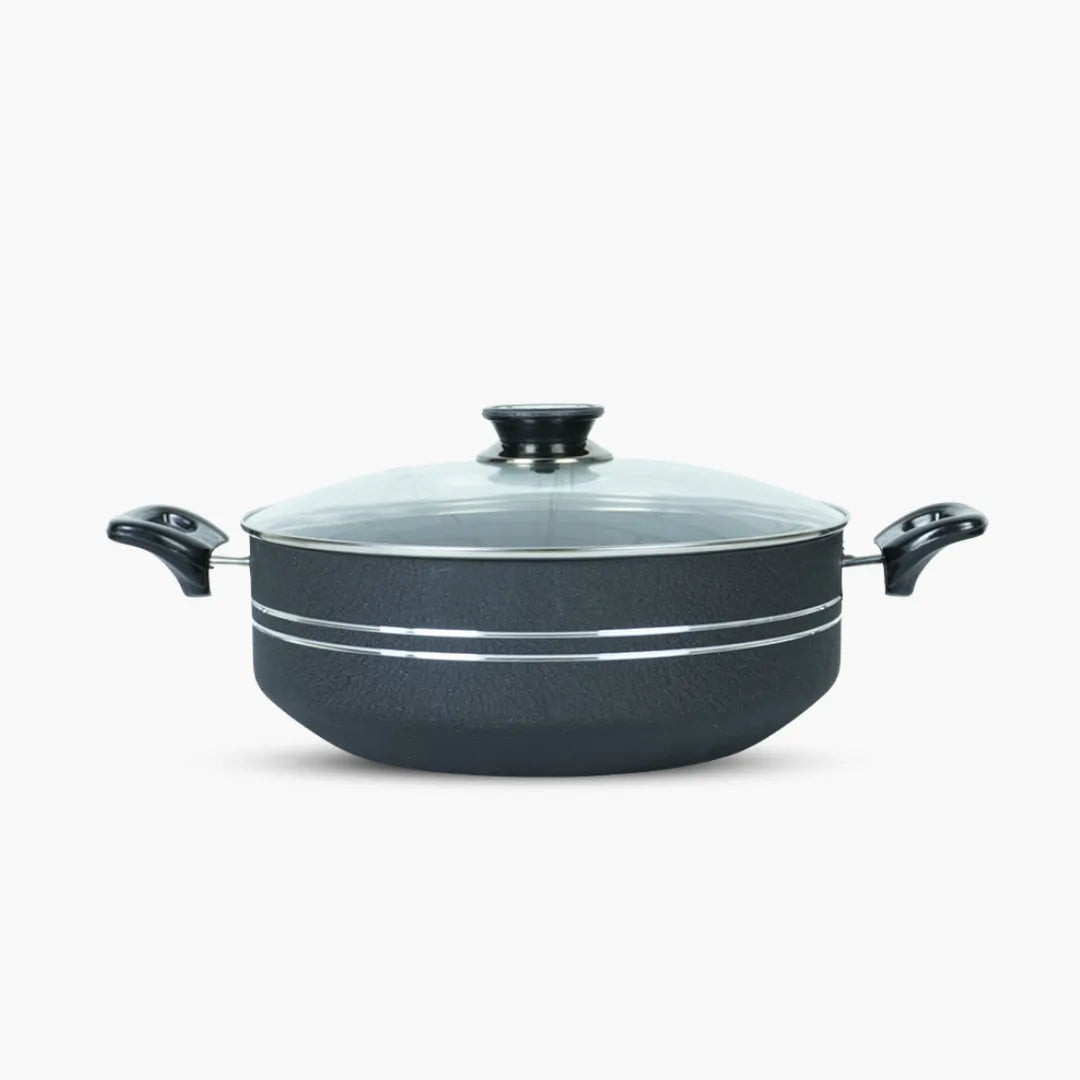 KLASSIC Non Stick Flat Karahi/Wok With Glass Lid Black - Klassic kitchenware Pk