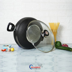 KLASSIC Induction Non Stick Karahi Round Short Handle with Glass Lid - Klassic kitchenware Pk