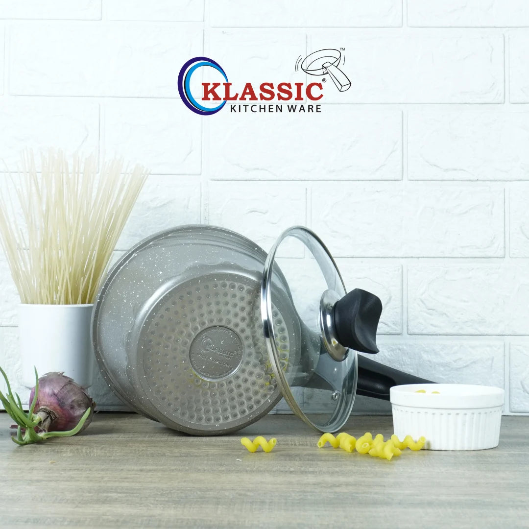 Non-Stick-Induction-base-sauce-pan_marble-coated-with-glass-lid - Klassic kitchenware Pk