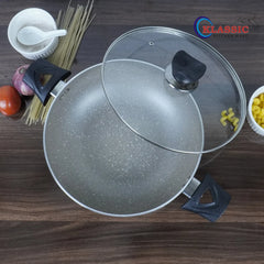 KLASSIC Marble Coated Wok with Glass Lid Beige | Premium Quality Cookware - Klassic kitchenware Pk