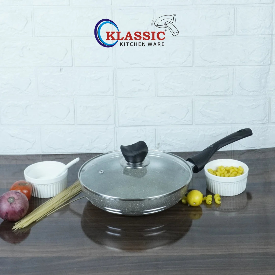 KLASSIC Marble coated Round Fry Pan with Glass Lid - Beige - Klassic kitchenware Pk