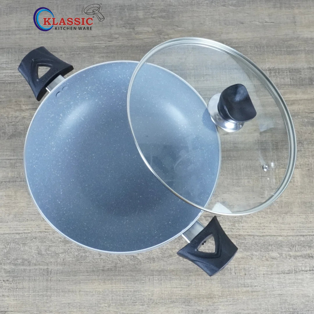 KLASSIC Marble Coated Karahi with Glass Lid Gray - Klassic kitchenware Pk
