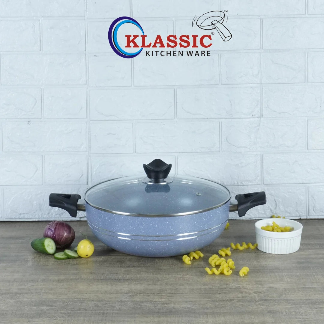 KLASSIC Marble Coated Karahi with Glass Lid Gray - Klassic kitchenware Pk