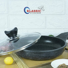 KLASSIC Die Cast Marble Coated Frying Pan Black with Glass Lid - Klassic kitchenware Pk