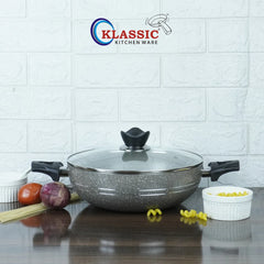 KLASSIC Marble Coated Wok with Glass Lid Beige | Premium Quality Cookware - Klassic kitchenware Pk