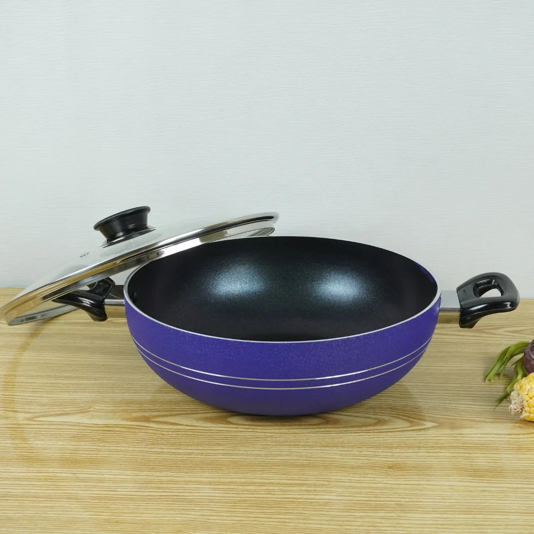 KLASSIC Non-Stick Round Karahi/Wok With Glass Lid Blue - Klassic kitchenware Pk