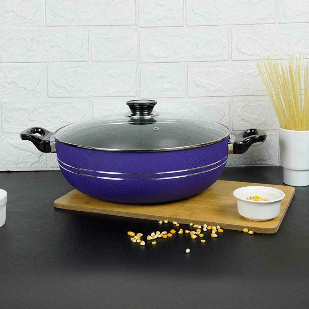 KLASSIC Non-Stick Round Karahi/Wok With Glass Lid Blue - Klassic kitchenware Pk
