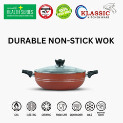 KLASSIC NonStick Round Karahi/Wok With Glass Lid Red - Klassic kitchenware Pk