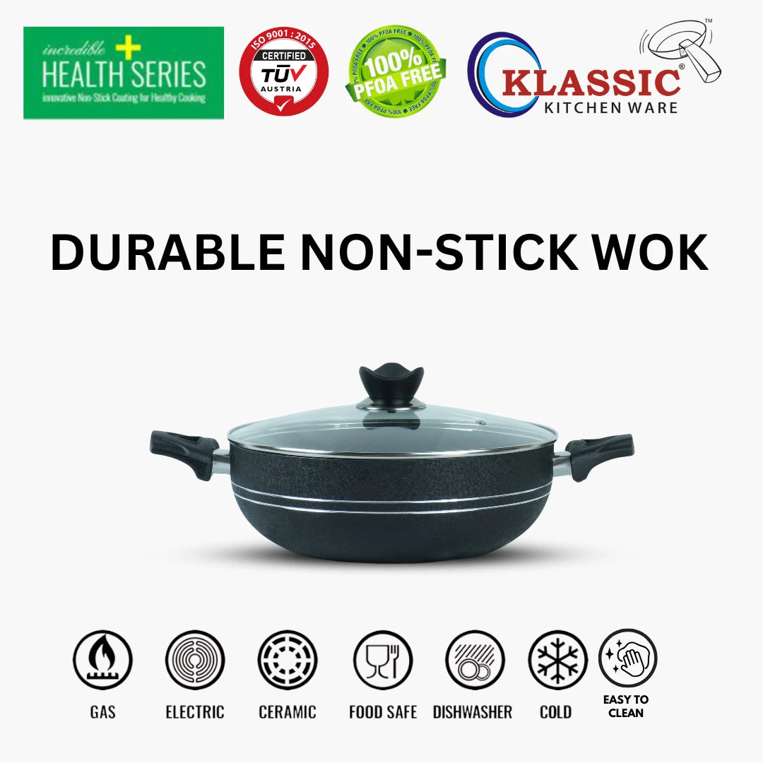 KLASSIC NonStick Round Karahi/Wok With Glass Lid Black - Klassic kitchenware Pk