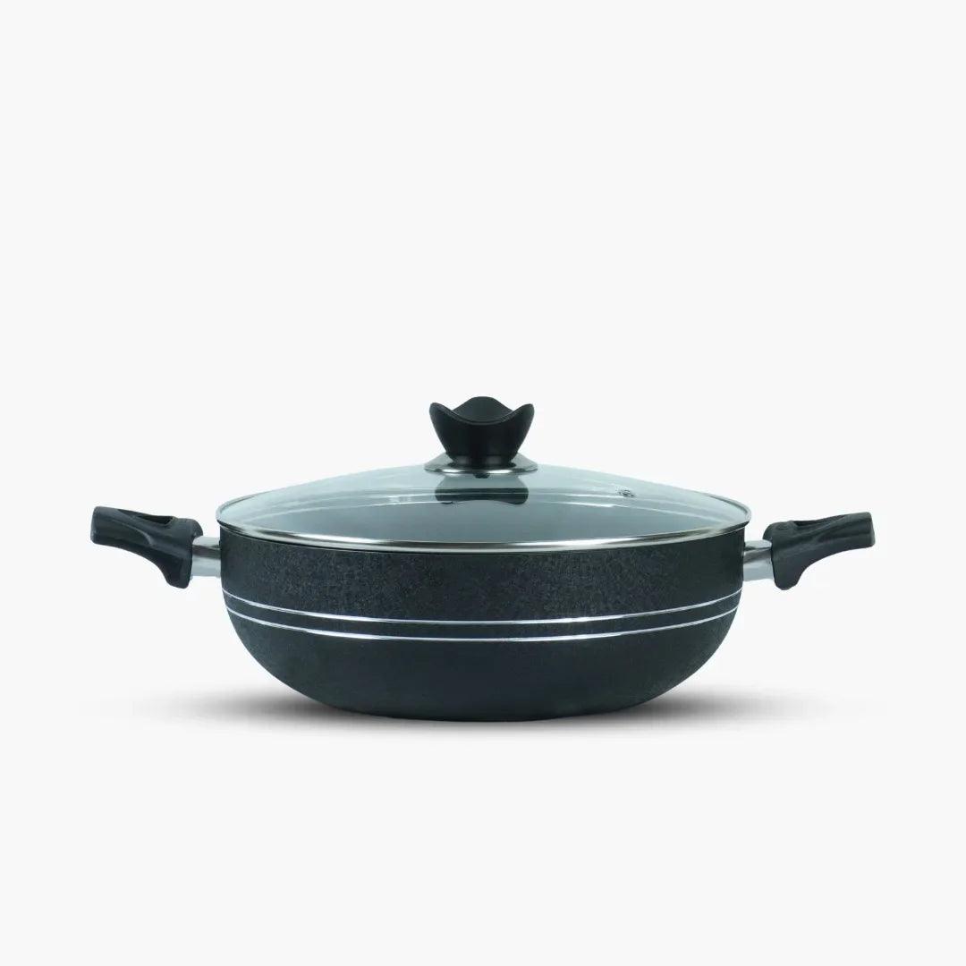 KLASSIC NonStick Round Karahi/Wok With Glass Lid Black - Klassic kitchenware Pk