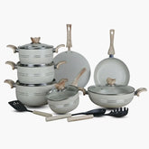 KLASSIC Vario Marble Coated Cookware Gift Set Off White Color - 15 Pieces Kitchenware Set with Glass Lid