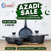 KLASSIC Die Cast Marble Coated Cookware Set 6 Pieces | Wok + Pizza Pan + Cooking Pot and Spoon| Mini Cookware Kitchen Set