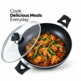 Budget Friendly NonStick Round Karahi/Wok With Glass Lid Black