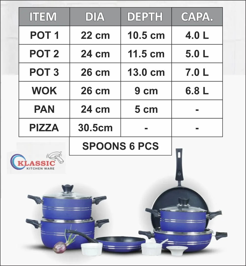 Klassic Prestige Non Stick Cookware Set Blue Edition Specification 