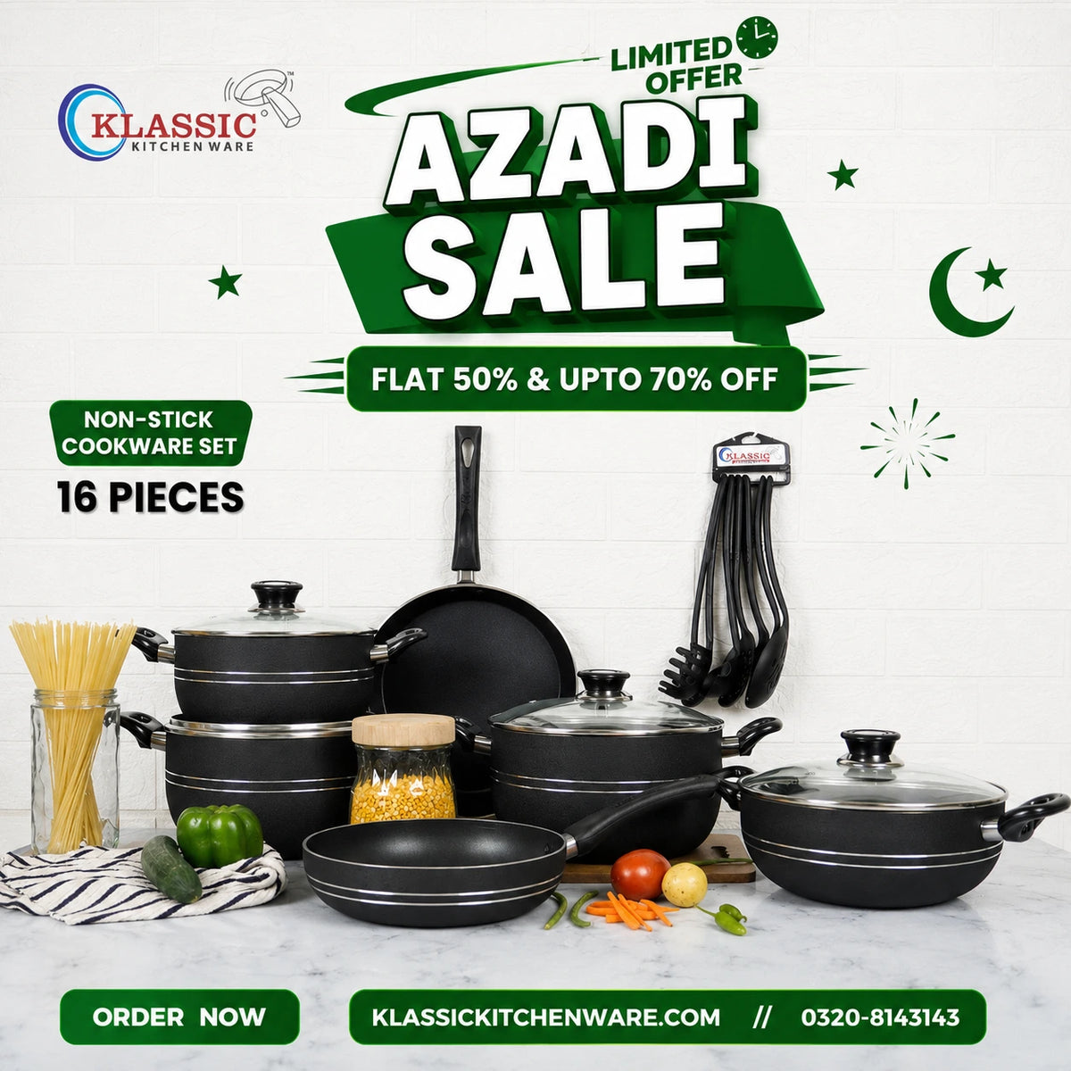 Klassic Prestige Non-Stick Cookware Set 16 Pieces with Glass Lid